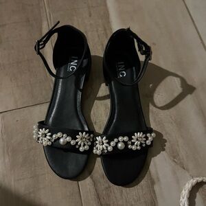 INC International Concepts Black Sandals with Pearl and Floral Accents